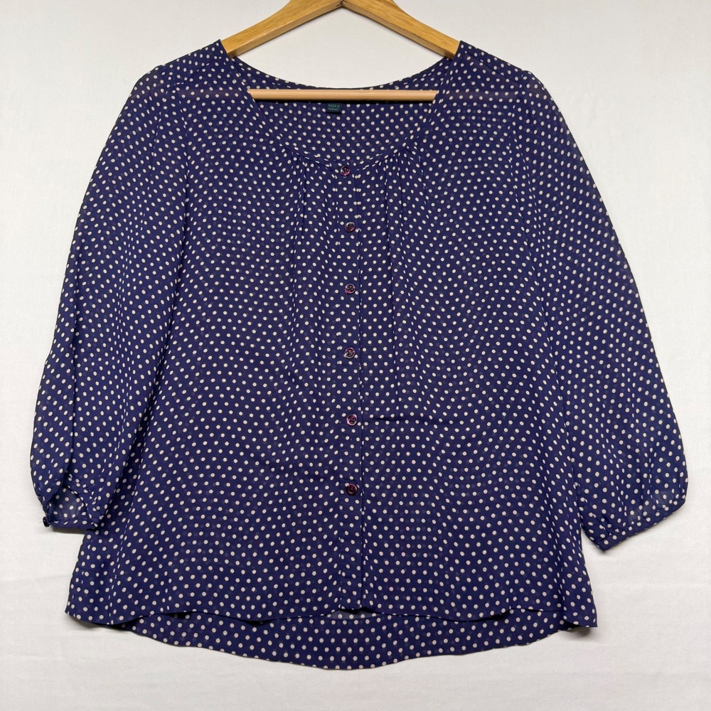 Boden Polka Dot Blouse Size 10 Navy Semi Sheer Button Front 3/4 Sleeve Top‎